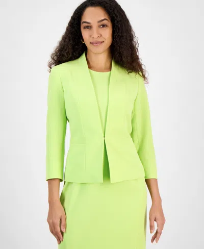 Kasper Womens Collarless Open Front 3 4 Sleeve Jacket Sleeveless Princess Seam Sheath Dress Regular Petite In Spring Green