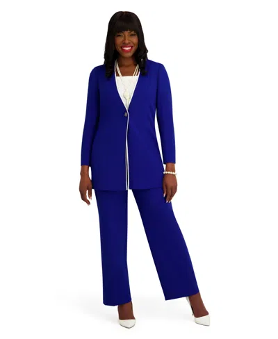 Kasper Women's Collarless Topper With Flat Piping Button-front Blazer In Blue