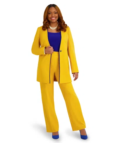 Kasper Women's Collarless Topper With Flat Piping Button-front Blazer In Yellow