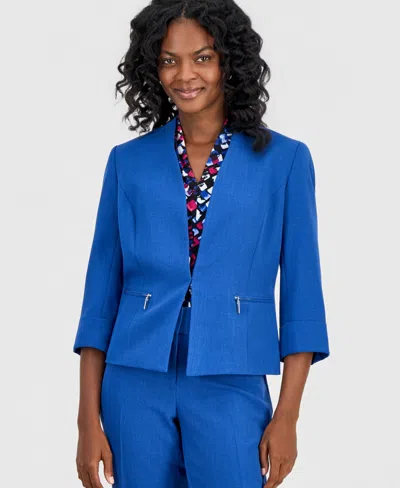 Kasper Women's Collarless Zip-pocket Cuffed-sleeve Jacket In Blue