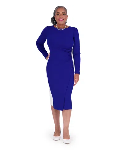 Kasper Women's Colorblock Long-sleeve Drape-front Midi Dress, Regular And Plus Size In Blue