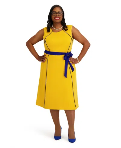 Kasper Women's Contrast Seam With Sash Crewneck Midi Dress In Yellow