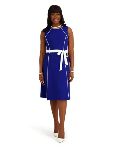 Kasper Women's Contrast Seam With Sash Crewneck Midi Dress In Blue