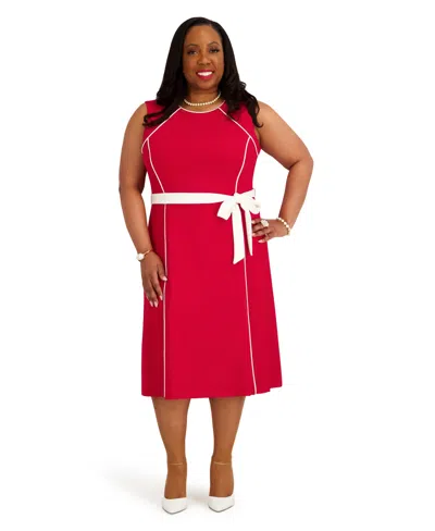 Kasper Women's Contrast Seam With Sash Crewneck Midi Dress In Red
