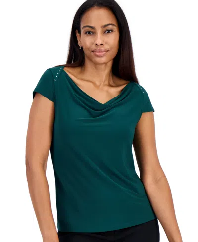 Kasper Women's Cowl Neck Cap Sleeve Shoulder Yoke Blouse In Blue