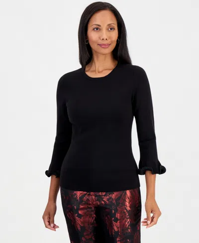 Kasper Women's Crew Neck Sculptural Cuff 3/4-sleeve Sweater In Black