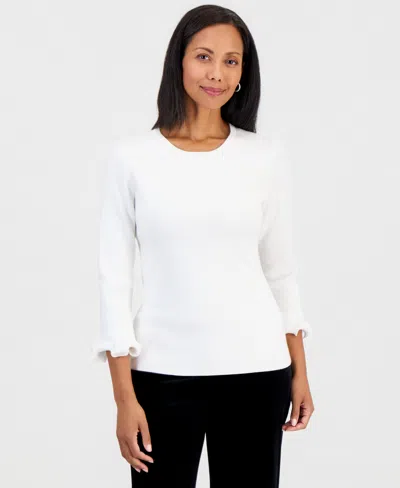 Kasper Women's Crew Neck Sculptural Cuff 3/4-sleeve Sweater In Metallic