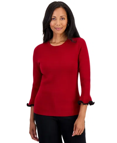 Kasper Womens Crew Neck Sculptural Cuff 3 4 Sleeve Sweater In Red