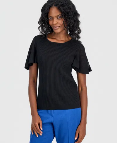 Kasper Women's Crewneck Flutter-sleeve Rib-knit Sweater In Black