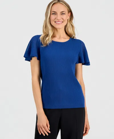 Kasper Women's Crewneck Flutter-sleeve Rib-knit Sweater In Blue