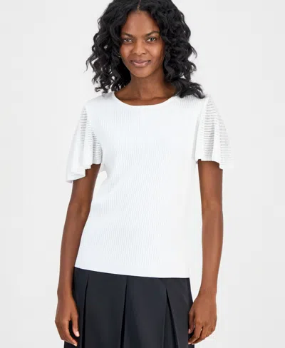 Kasper Women's Crewneck Flutter-sleeve Rib-knit Sweater In White