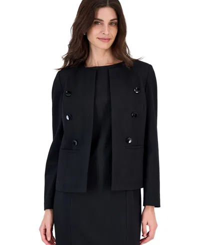 Kasper Women's Double-breasted Stretch Collarless Blazer In Black