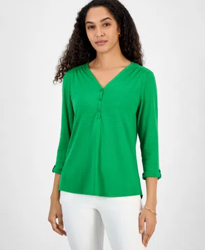 Kasper Women's Draped Cuffed-sleeve Henley-neck Top In Lavender Mist