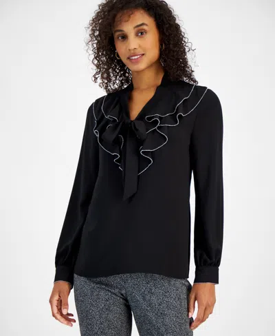 Kasper Women's Embellished Ruffled Tie-neck Blouse In Black