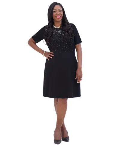 Kasper Women's Embellished Short-sleeve Fit & Flare Dress In Black