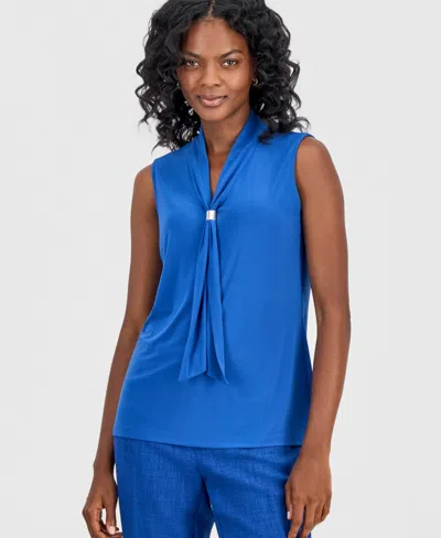 Kasper Women's Embellished-tie-neck Sleeveless Top In Blue