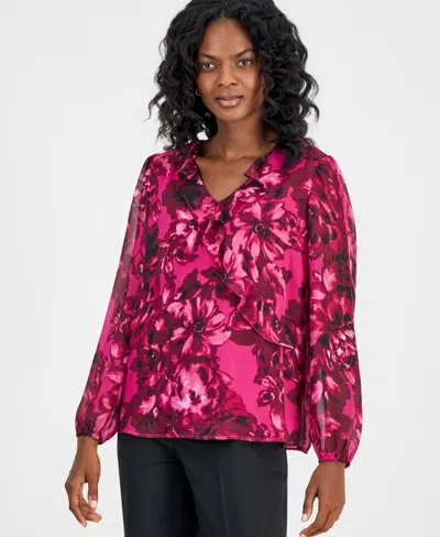 Kasper Women's Faux-wrap Ruffle-front Long-sleeve Blouse In Multi