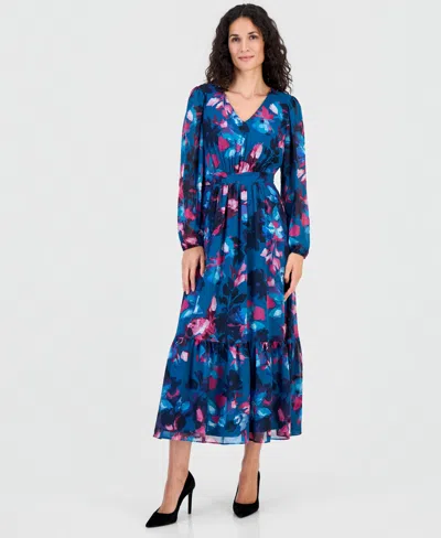 Kasper Women's Floral Balloon-sleeve Smocked-back Maxi Dress In Blue