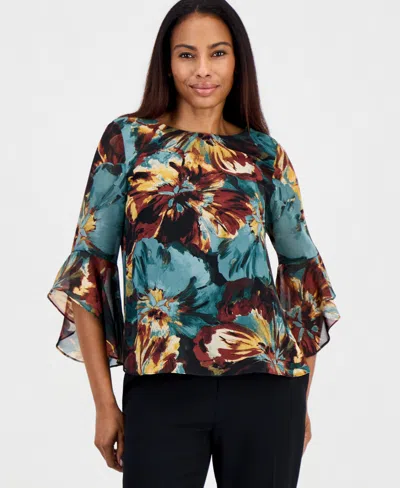 Kasper Women's Floral Chiffon 3/4-sleeve Ruffled Blouse In Evergreen Multi