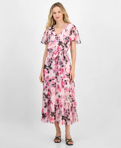 KASPER WOMEN'S FLORAL CHIFFON BELTED FLUTTER-SLEEVE DRESS, REGULAR AND PETITE