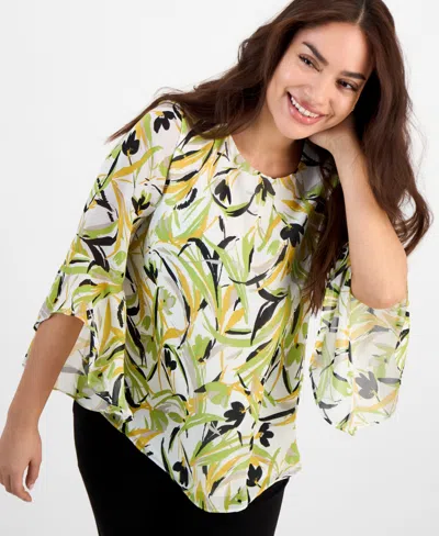 Kasper Women's Floral-chiffon Ruffle Bell-sleeve Blouse, Regular & Petite Sizes In Lily White Multi