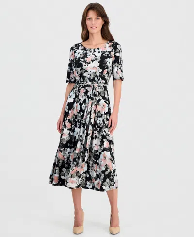 Kasper Women's Floral Elbow-sleeve Fit & Flare Dress In Black