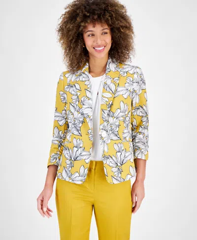 Kasper Women's Floral-print 3/4-sleeve Textured Jacket In Butterscotch