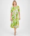 Kasper Plus Size Printed Tie-waist Midi Dress In Kiwi Multi