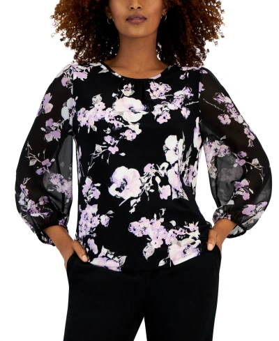 Kasper Women's Floral-print Chiffon-sleeve Top In Black,lavendar Mist Multi