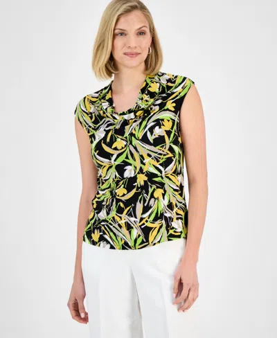 Kasper Women's Floral-print Cowlneck Cap-sleeve Top In Black Multi