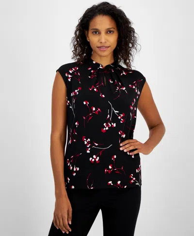 Kasper Women's Floral-print Extend-shoulder Button-neck Knit Top In Black Multi