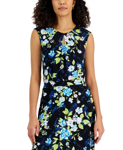 Kasper Womens Floral Print Keyhole Top Knit Skirt In Black,light Azure Multi