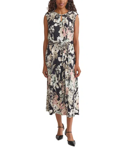Kasper Women's Floral-print Pleated-neck Keyhole Midi Dress, Regular & Petite