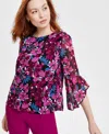 Kasper Women's Floral-print Ruffle-sleeve Blouse In Black,cerise Multi