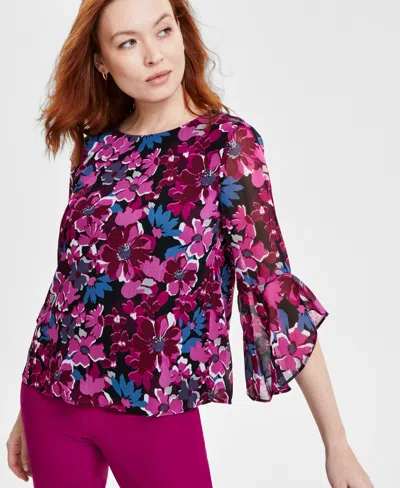 Kasper Women's Floral-print Ruffle-sleeve Blouse In Black,cerise Multi