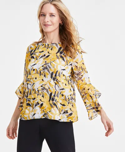 Kasper Women's Floral-print Ruffle-sleeve Blouse In Summer Straw,butterscotch