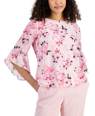 Kasper Women's Floral-print Ruffled-sleeve Boat-neck Top In Tutu Pink Multi