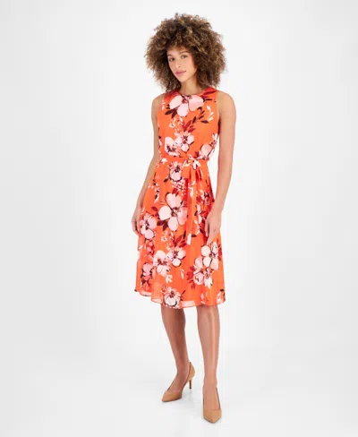Kasper Women's Floral-print Sleeveless Tie-wasit Dress In Coral Combo