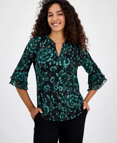 Kasper Petite Floral Print Split-neck Bell-sleeve Blouse In Green
