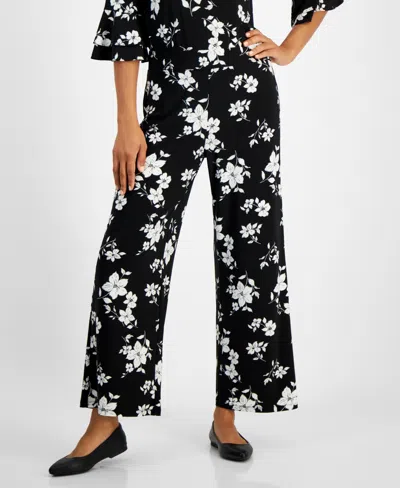 Kasper Women's Floral-print Straight-leg Pull-on Pants In Black,vanilla Ice Multi