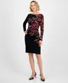 Kasper Women's Floral Side-pleated Long-sleeve Dress, Regular & Petite In Black