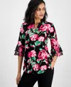 Kasper Women's Floral Split-neck 3/4-flutter Sleeve Top, Regular & Petite Sizes In Black Multi