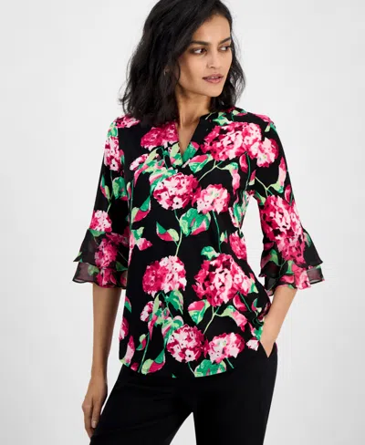 Kasper Women's Floral Split-neck 3/4-flutter Sleeve Top, Regular & Petite Sizes In Black Multi