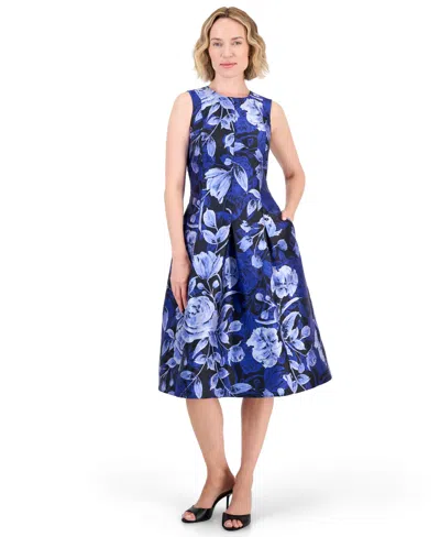 Kasper Women's Floral-print Box-pleated Midi Dress In Blue