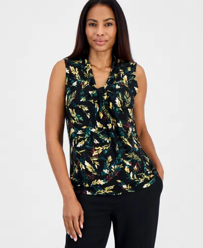 Kasper Women's Floral-print Knot Neck Sleeveless Blouse In Blue
