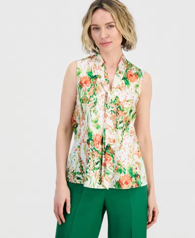 Kasper Womens Floral Print Sleeveless Tie Neck Top In Multi