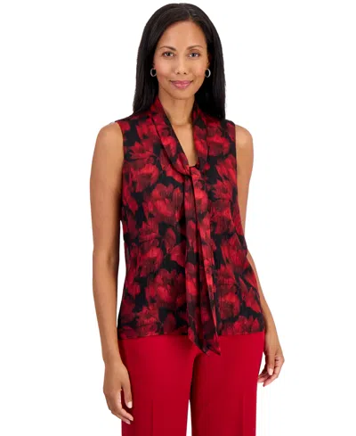Kasper Women's Floral-print Tie Front Sleeveless Blouse In Multi