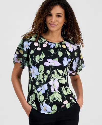 Kasper Floral Print Flutter Sleeve Mixed Media Top In Black