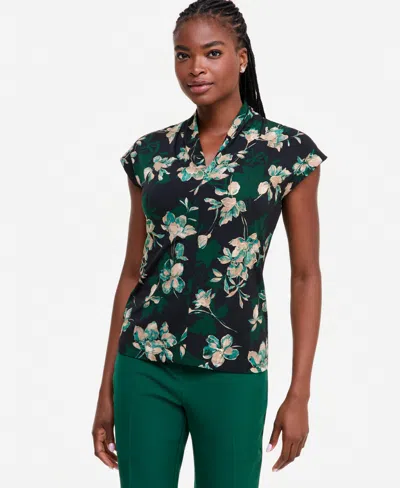 Kasper Women's Funnel-neck Foil-print Floral Cap-sleeve Blouse In Evergreen Multi