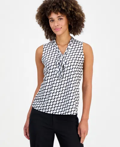 Kasper Women's Geo-print Tie-neck Sleeveless Blouse In Vanilla Ice,black